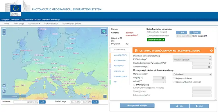 PVGIS Tool zur Ertragsberechnung in Europa - Landkarte zur Auswahl des Standorts auf deutsch eingestellt